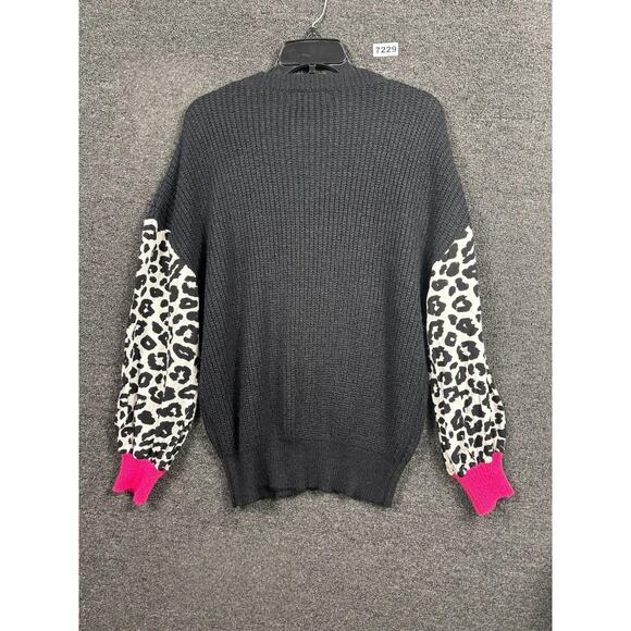 Crazy Train Sweater Womens Large Black Leopard Sleeve Lightning Bolt Pink - Picture 2 of 5